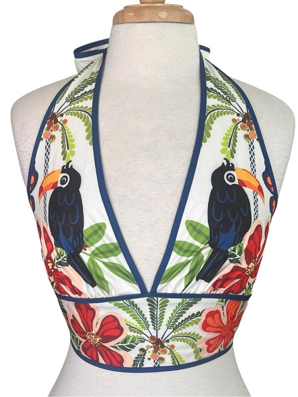 Tropical Cropped Halter Top Size Medium Floral Toucan Beach Vacation Euro Summer